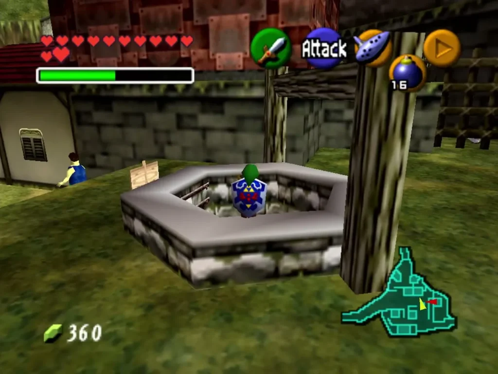 Link standing at the rim of the Kakariko Village well before he drops into the dungeon