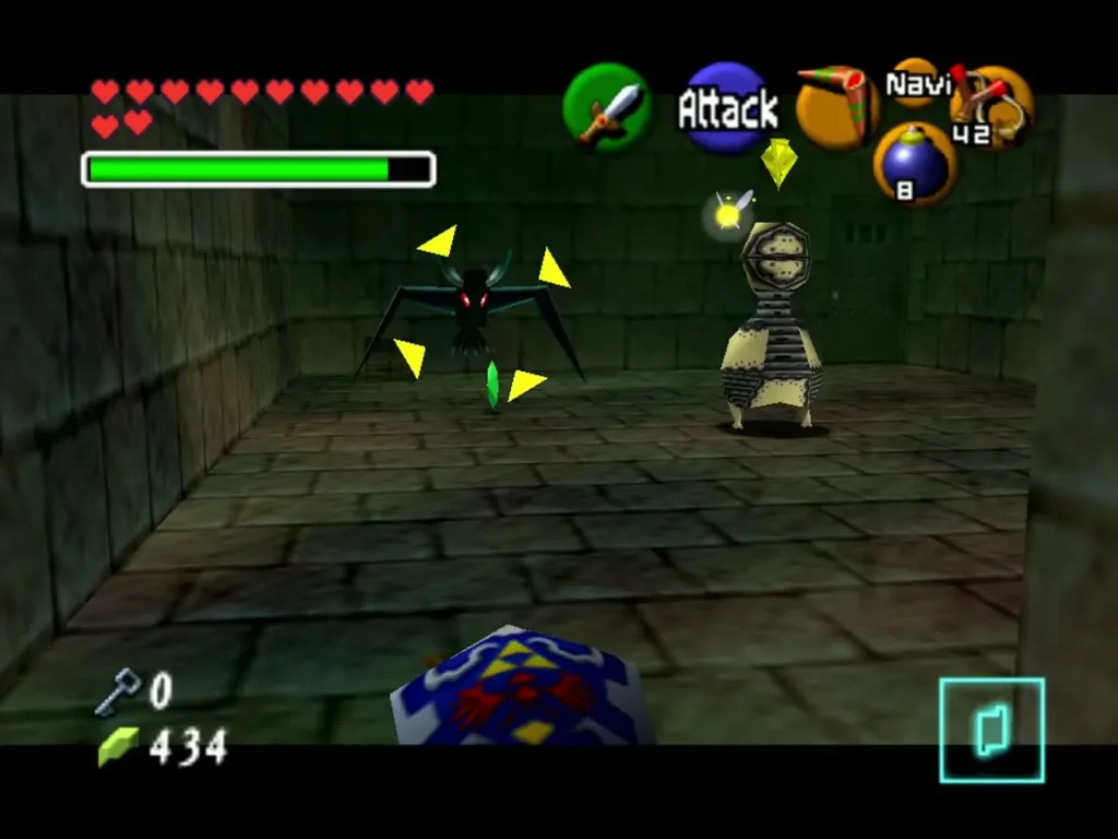 A Keese flies in a dim stone room of the Bottom of the Well while a Beamos stands against the far wall
