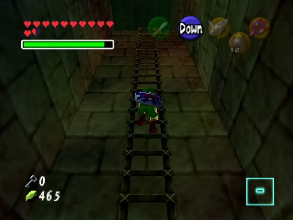 Link climbing a wooden ladder up the Bottom of the Well shaft with the Down prompt showing