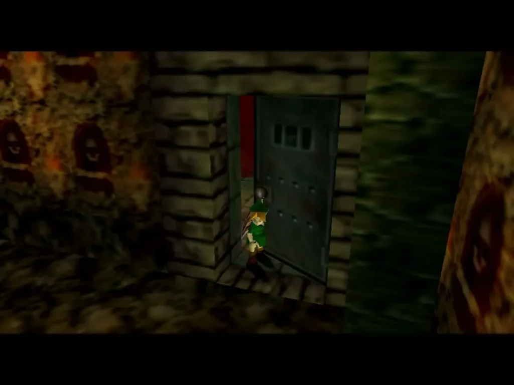 Link stepping through the left locked door of the Bottom of the Well central room