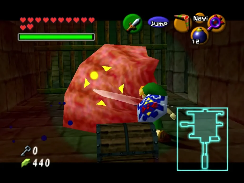 Link fighting a Like Like beside a wooden chest in a barred room of the Bottom of the Well