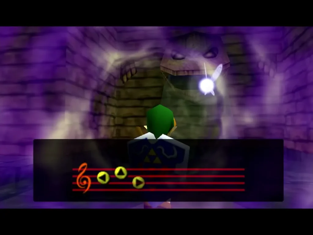 Link playing Zelda's Lullaby as purple light swirls around him