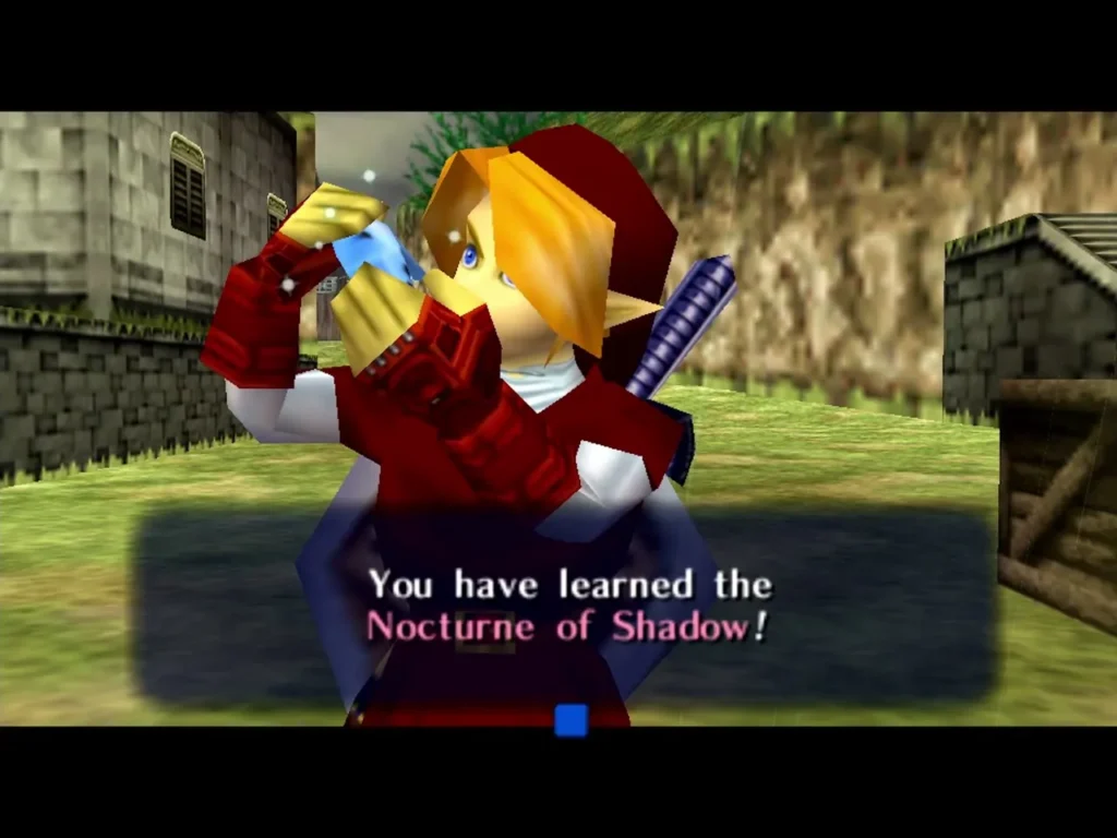 Link raising his Ocarina beside the box that says he learned the Nocturne of Shadow