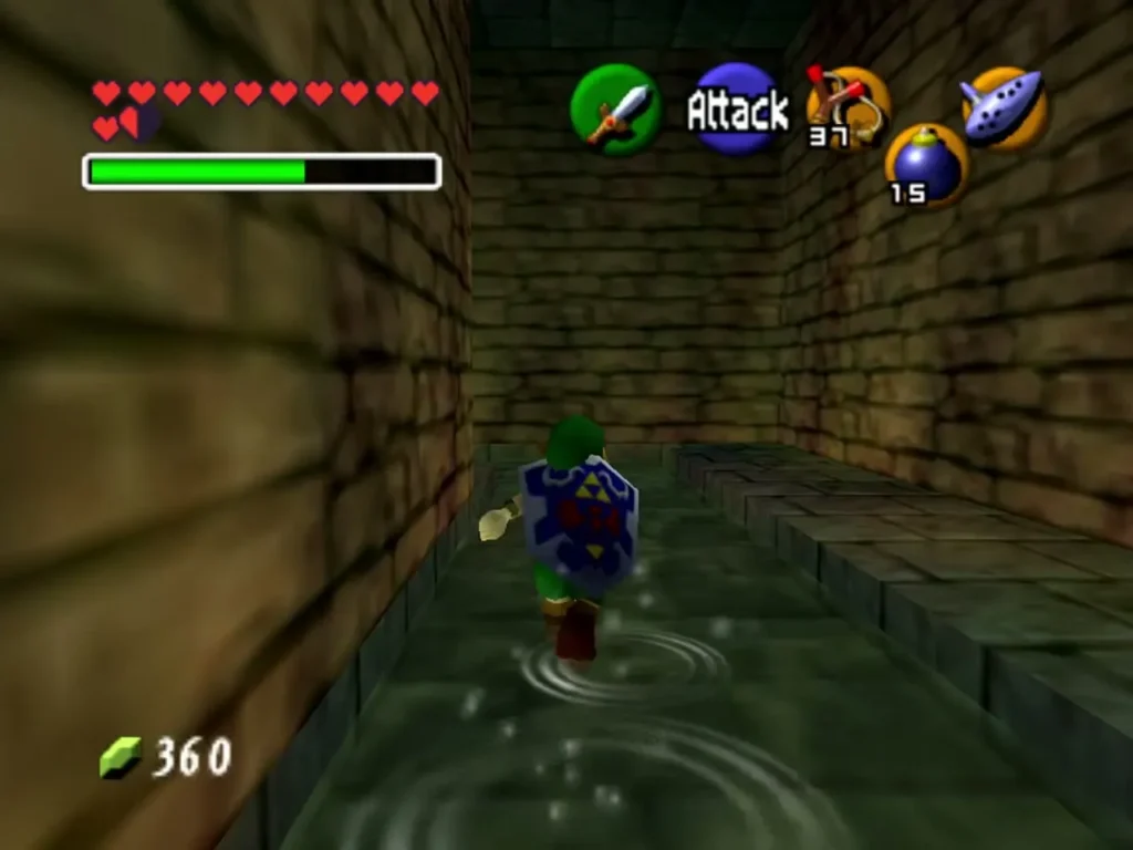 Link wading through the shallow water trench of the ring room with shield up