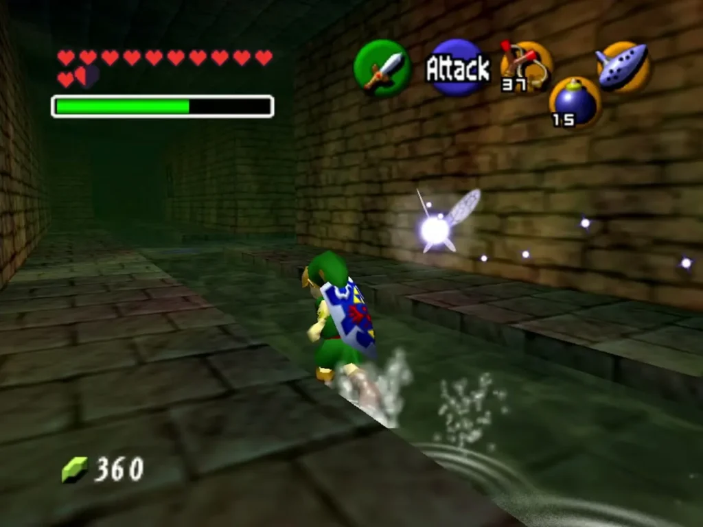 Link wading through the shallow water trench of the ring room with a fairy beside him