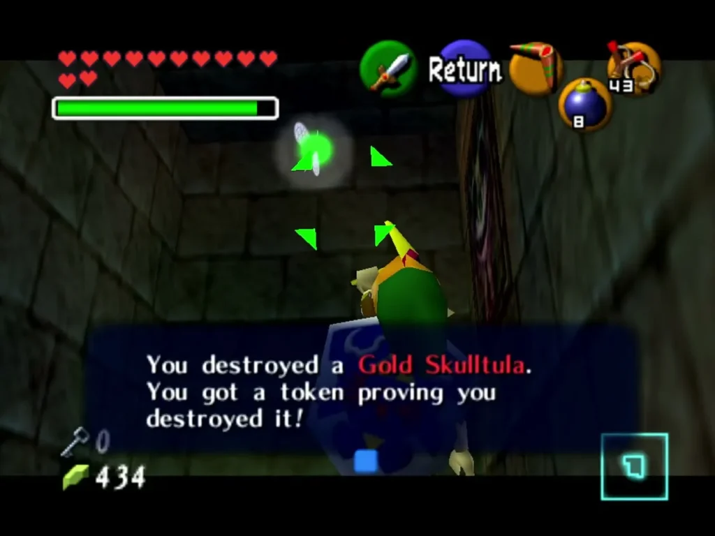 Link after destroying the second Gold Skulltula, with the token message box on screen