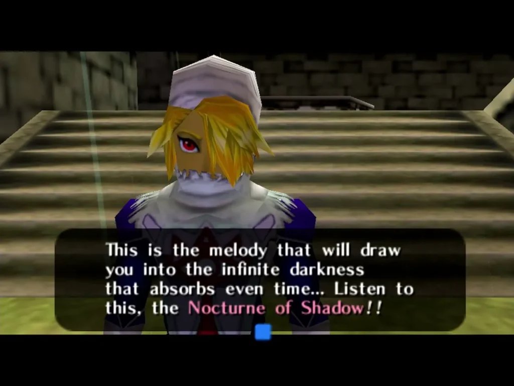Sheik on a staircase telling Link the Nocturne of Shadow is the melody that draws him into darkness