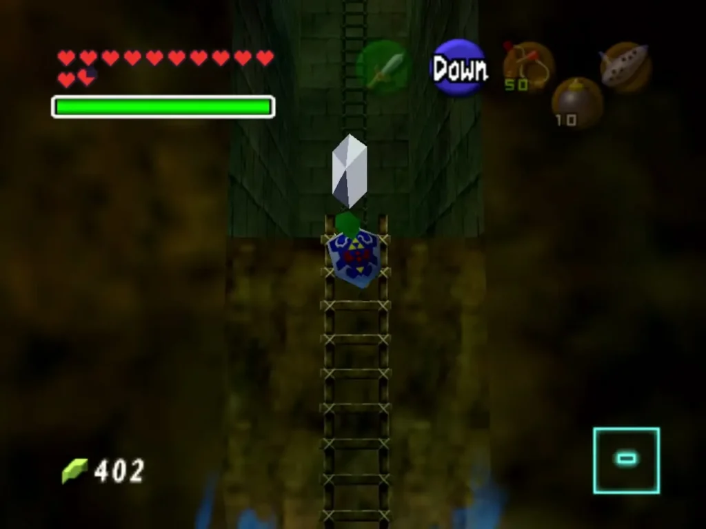 Silver Rupee floating above Link on the ladder in the Bottom of the Well basement shaft