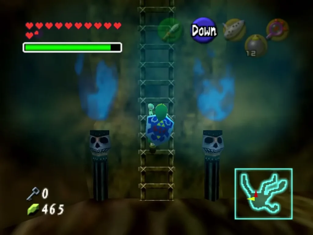 Link climbing a ladder between two skull pillars in the Bottom of the Well