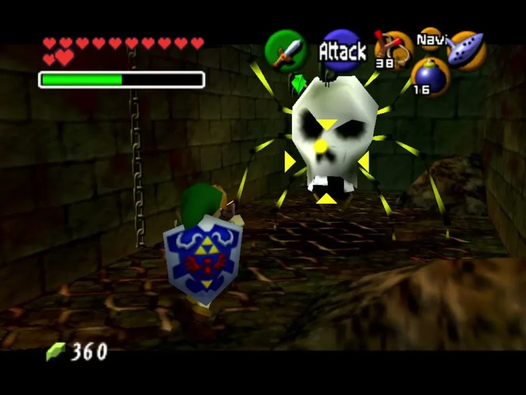 Link with shield facing a Big Skulltula hanging from the ceiling