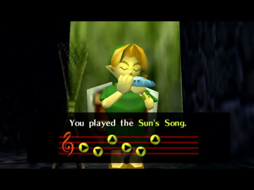 Link playing Sun's Song on the ocarina with the 'You played the Sun's Song.' message up