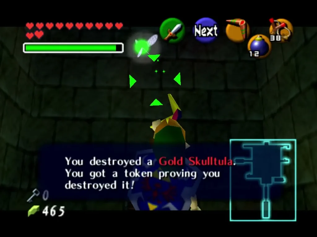 Link after destroying the third Gold Skulltula, with the token message box on screen