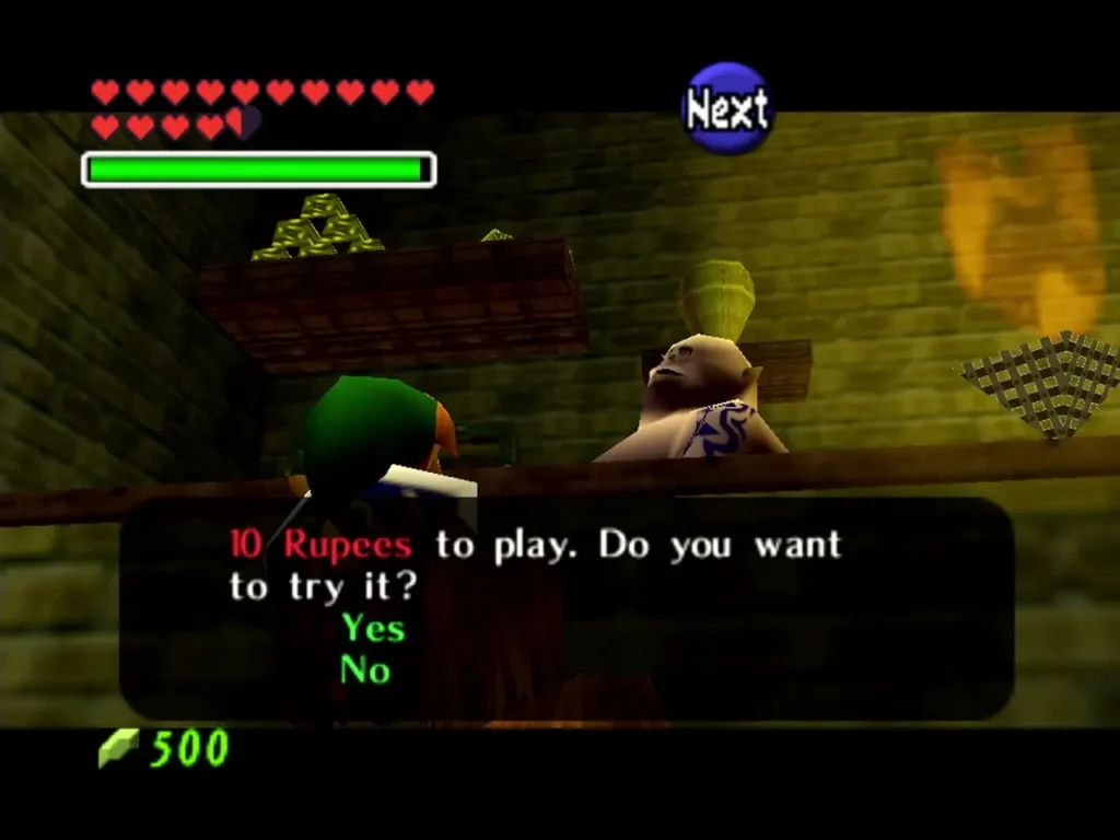 Link at the Treasure Box Shop counter as the shopkeeper offers a 10 Rupee game