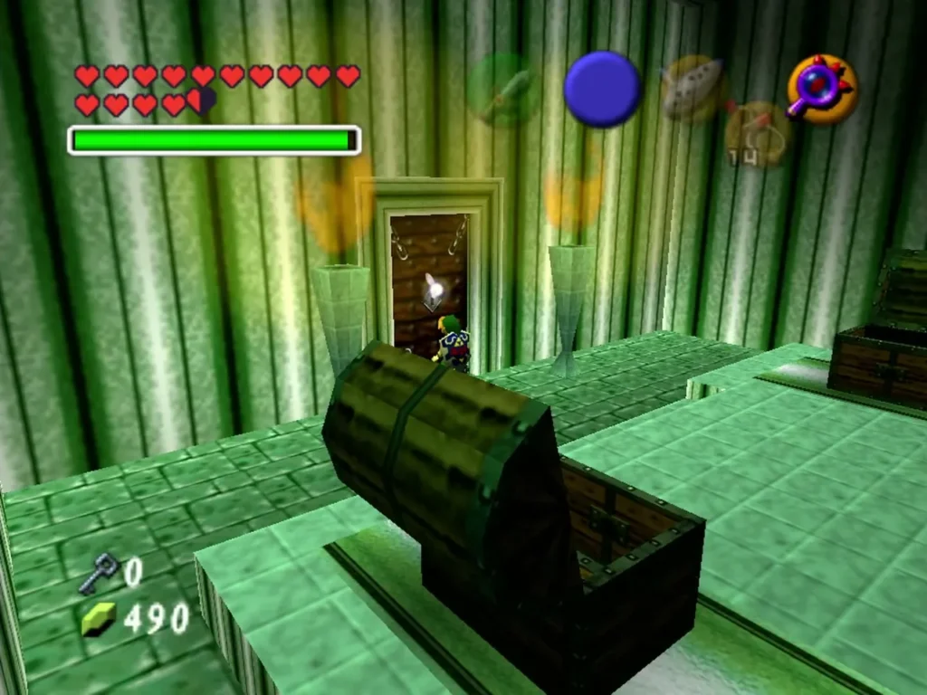 Opened chest and Link at the door in the first Treasure Box Shop room