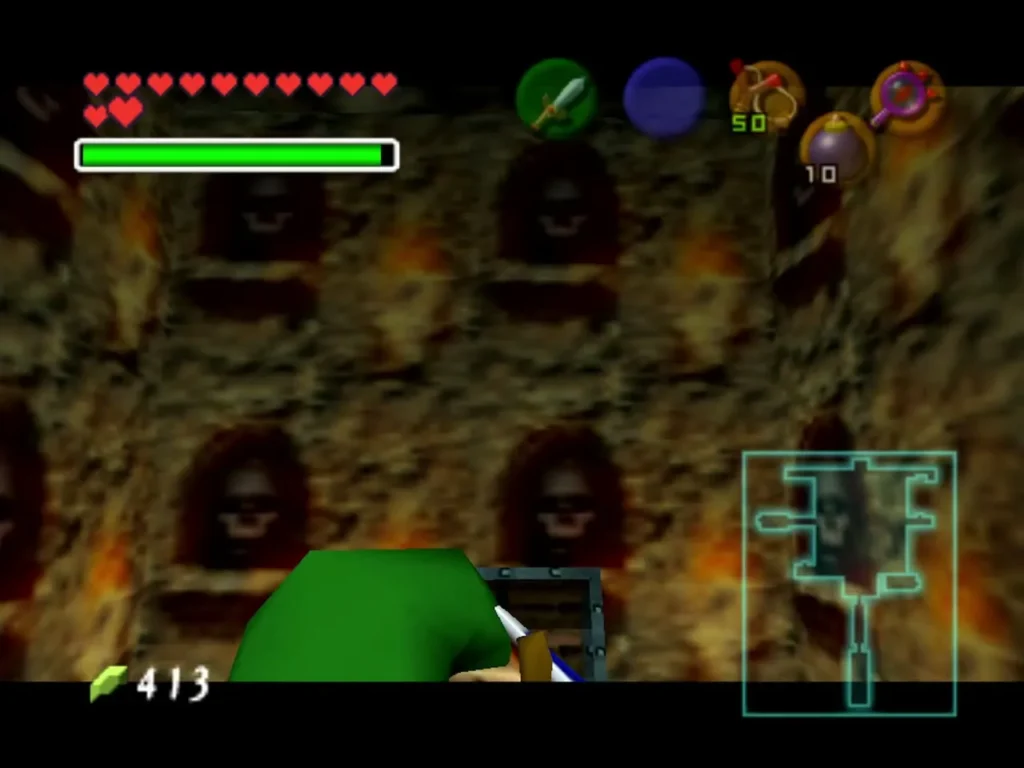 Link opening a small chest in a wall alcove of the Bottom of the Well trench