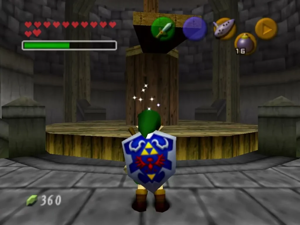 Link standing inside the Kakariko windmill beside its wooden central post