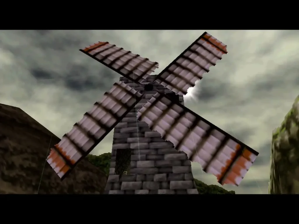 Kakariko windmill with its sails turning under a cloudy sky