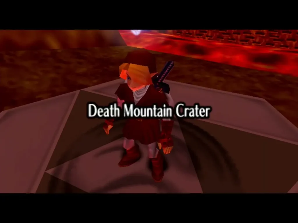 Link arriving on the Death Mountain Crater warp pad under its name card Link arriving on the Death Mountain Crater warp pad under its name card