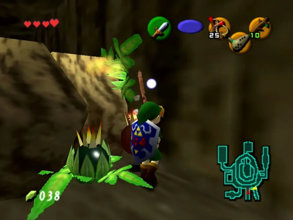Child Link beside a Bomb Flower in the passage, holding a Deku Stick Child Link beside a Bomb Flower in the passage, holding a Deku Stick