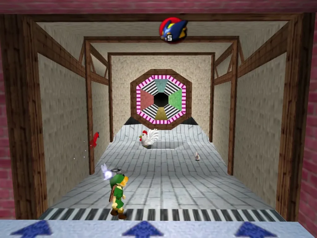 Link in the Bombchu Bowling lane with Cuccos wandering ahead of the octagonal target Link in the Bombchu Bowling lane with Cuccos wandering ahead of the octagonal target