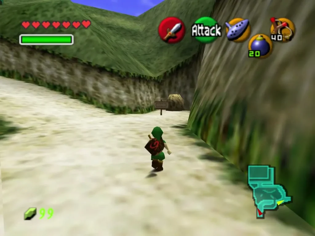 Child Link running along the castle grounds path toward a small signpost and a rock wall Child Link running along the castle grounds path toward a small signpost and a rock wall