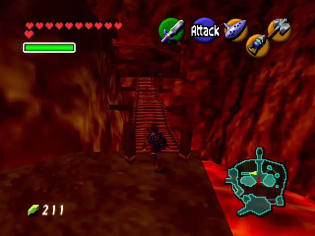 Link climbing a wooden staircase beside lava inside Death Mountain Crater Link climbing a wooden staircase beside lava inside Death Mountain Crater