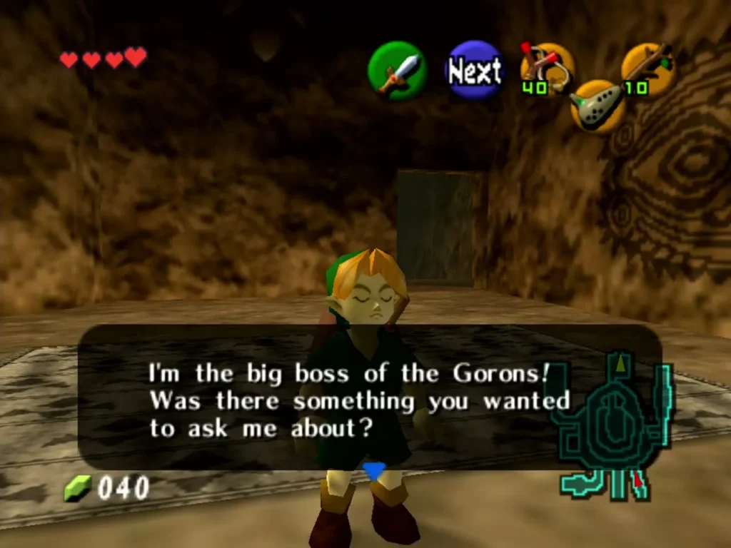 Child Link in Darunia's room as the Goron says he is the big boss of the Gorons Child Link in Darunia's room as the Goron says he is the big boss of the Gorons