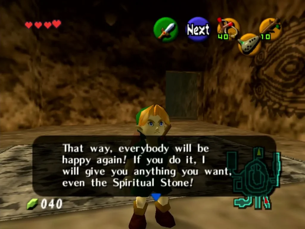 Darunia offering Child Link anything he wants, even the Spiritual Stone, for clearing the cavern Darunia offering Child Link anything he wants, even the Spiritual Stone, for clearing the cavern