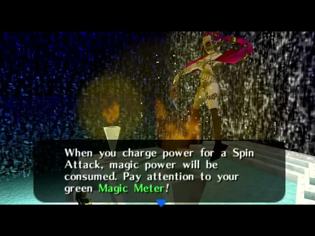 Great Fairy of Power explaining the green Magic Meter needed for a Spin Attack Great Fairy of Power explaining the green Magic Meter needed for a Spin Attack