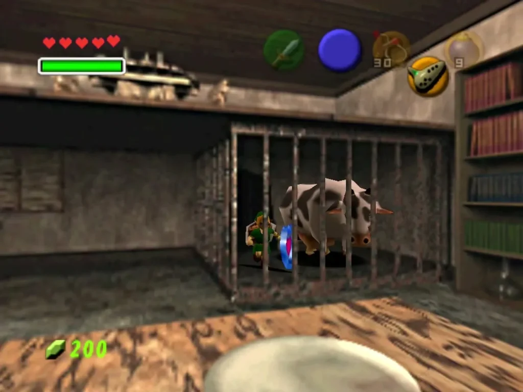 A cow in a barred cage in a wooden room in Kakariko Village, with Link beside it A cow in a barred cage in a wooden room in Kakariko Village, with Link beside it