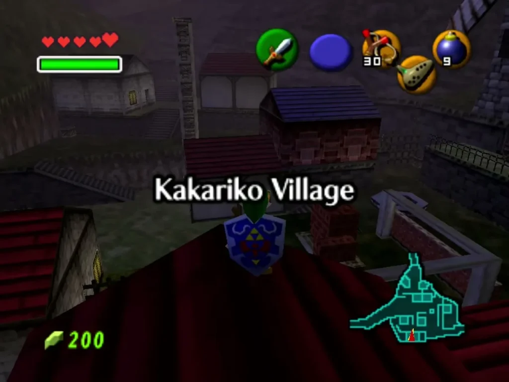 Link on a rooftop in Kakariko Village under the village name card Link on a rooftop in Kakariko Village under the village name card
