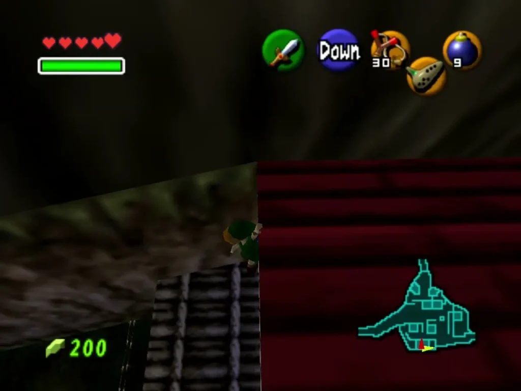Link at the edge of a rooftop with the Down prompt before dropping to a lower awning Link at the edge of a rooftop with the Down prompt before dropping to a lower awning