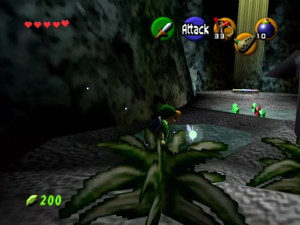 Link in a dark cave with green and red Rupees on the floor beside a large plant Link in a dark cave with green and red Rupees on the floor beside a large plant
