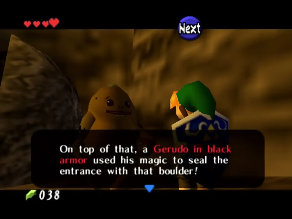 A Goron says a Gerudo in black armor sealed the entrance with the boulder A Goron says a Gerudo in black armor sealed the entrance with the boulder