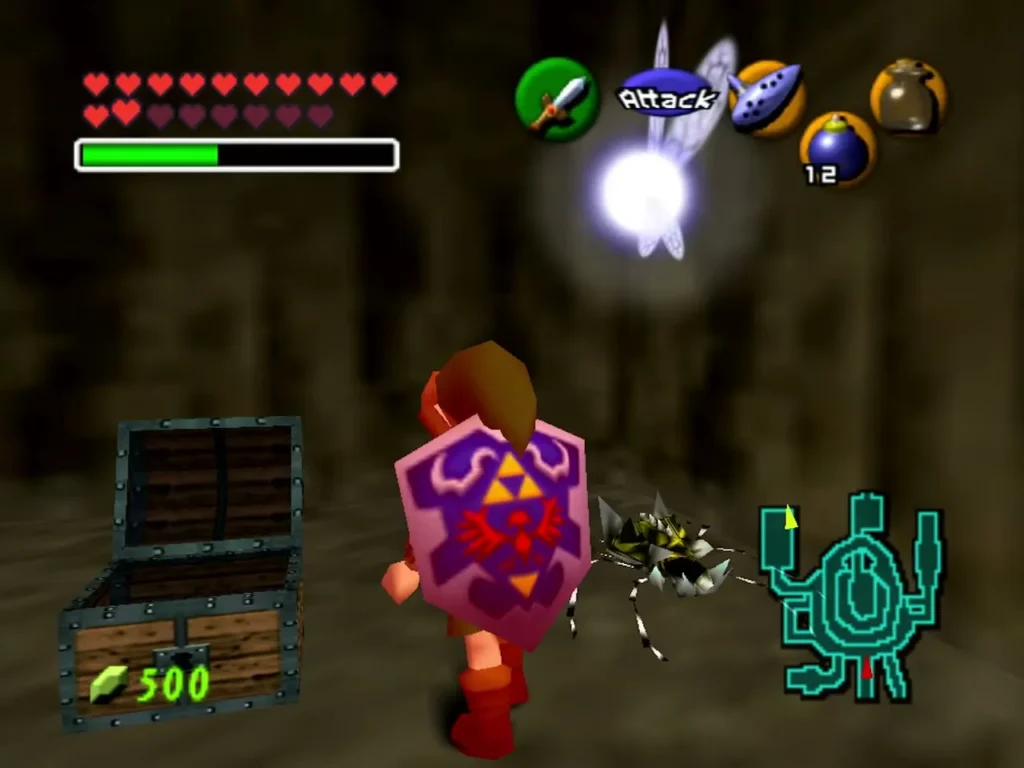 A Gold Skulltula dropping out beside Link in the rock room A Gold Skulltula dropping out beside Link in the rock room