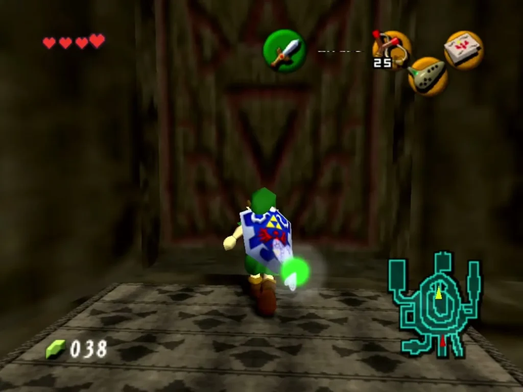 Child Link walking across the patterned carpet in front of the Goron City door Child Link walking across the patterned carpet in front of the Goron City door