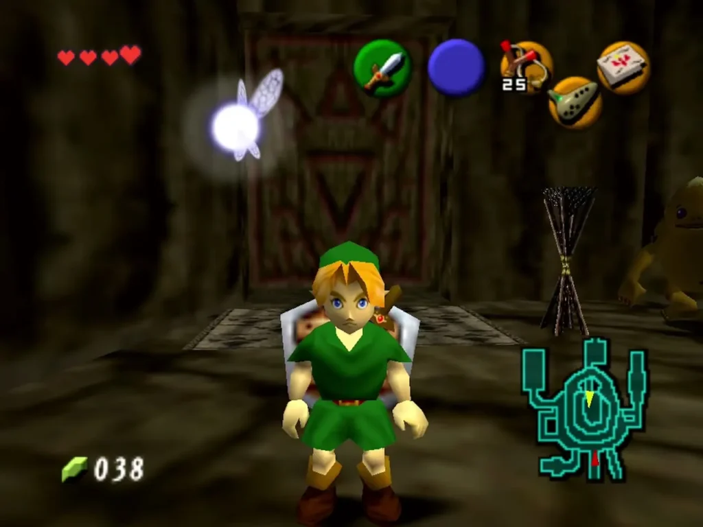 Child Link standing in front of the red-banded doorway at the bottom floor of Goron City Child Link standing in front of the red-banded doorway at the bottom floor of Goron City