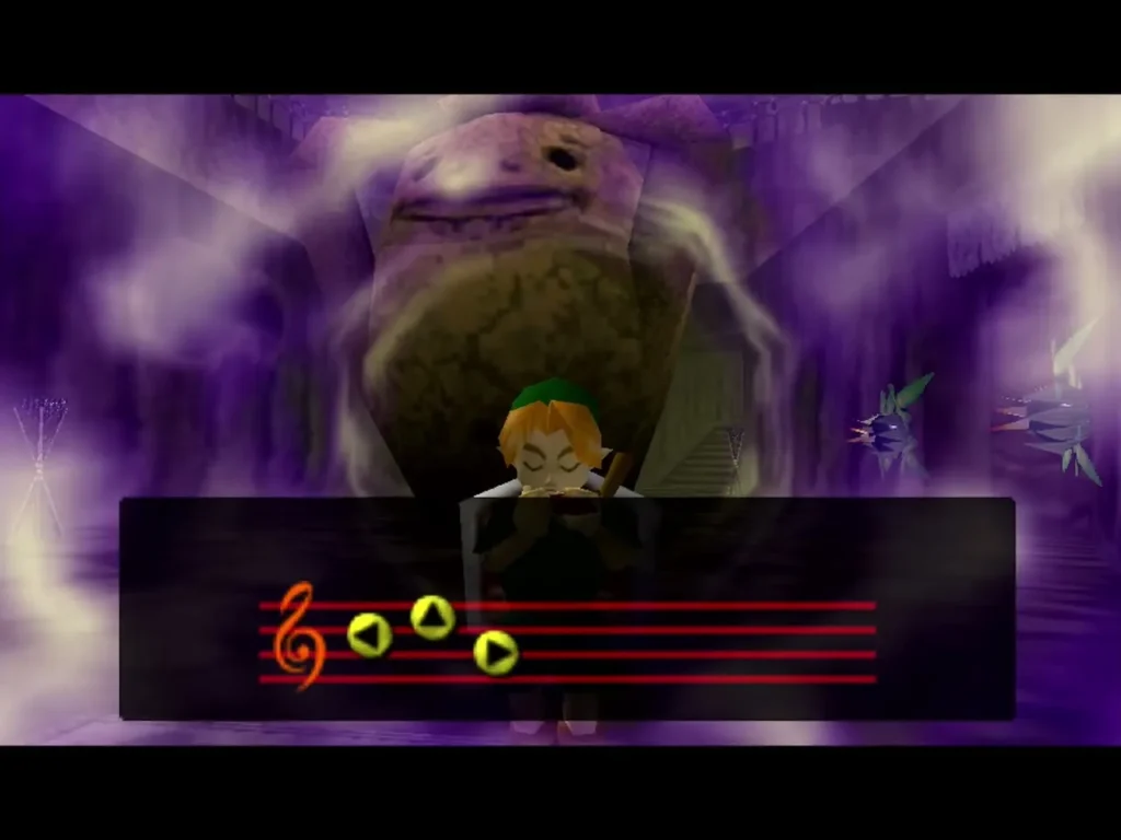 A purple-lit view of the Goron statue with a song staff on screen A purple-lit view of the Goron statue with a song staff on screen