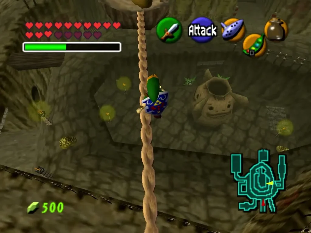 Link climbing a rope above the central pedestal in Goron City Link climbing a rope above the central pedestal in Goron City