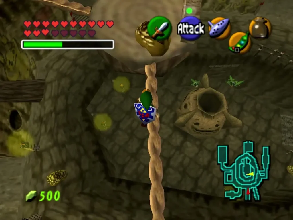 Link on the rope looking down at the central pedestal of Goron City with the ring path around it Link on the rope looking down at the central pedestal of Goron City with the ring path around it