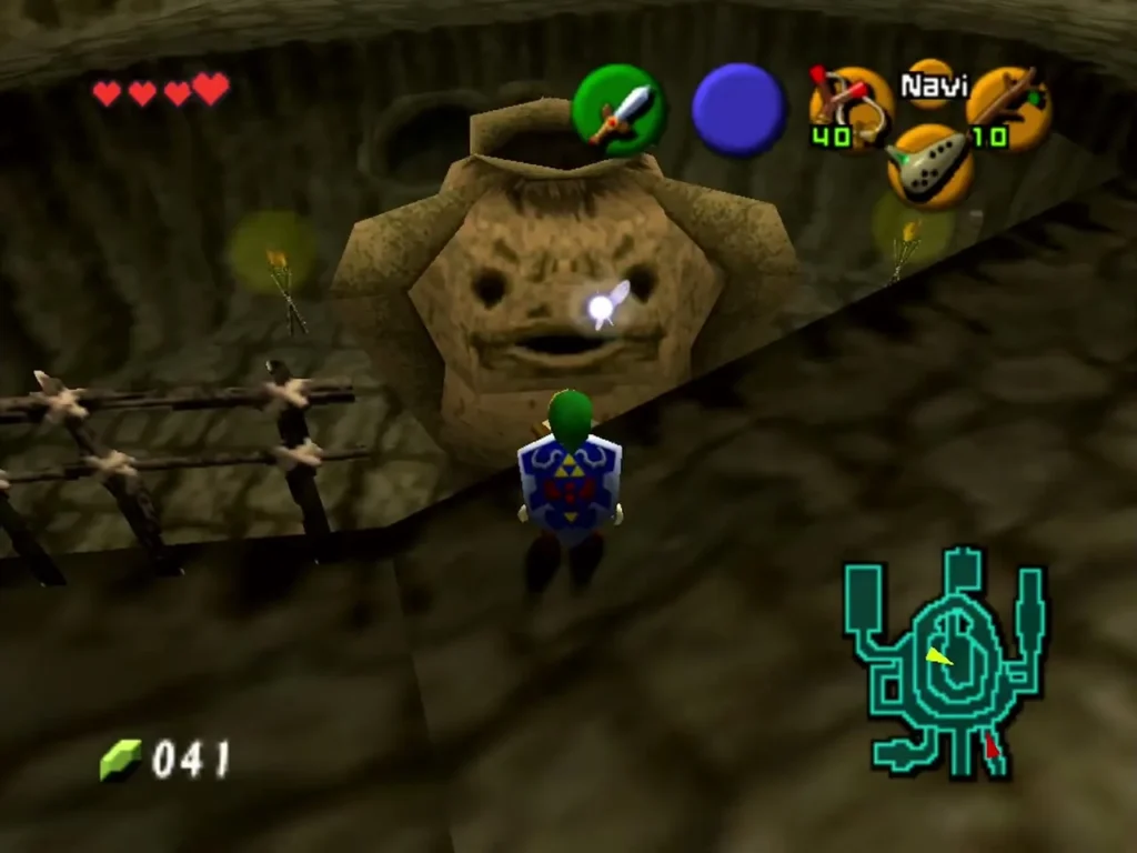 Link walking past the big clay vase and wooden fence on the Goron City bottom floor Link walking past the big clay vase and wooden fence on the Goron City bottom floor