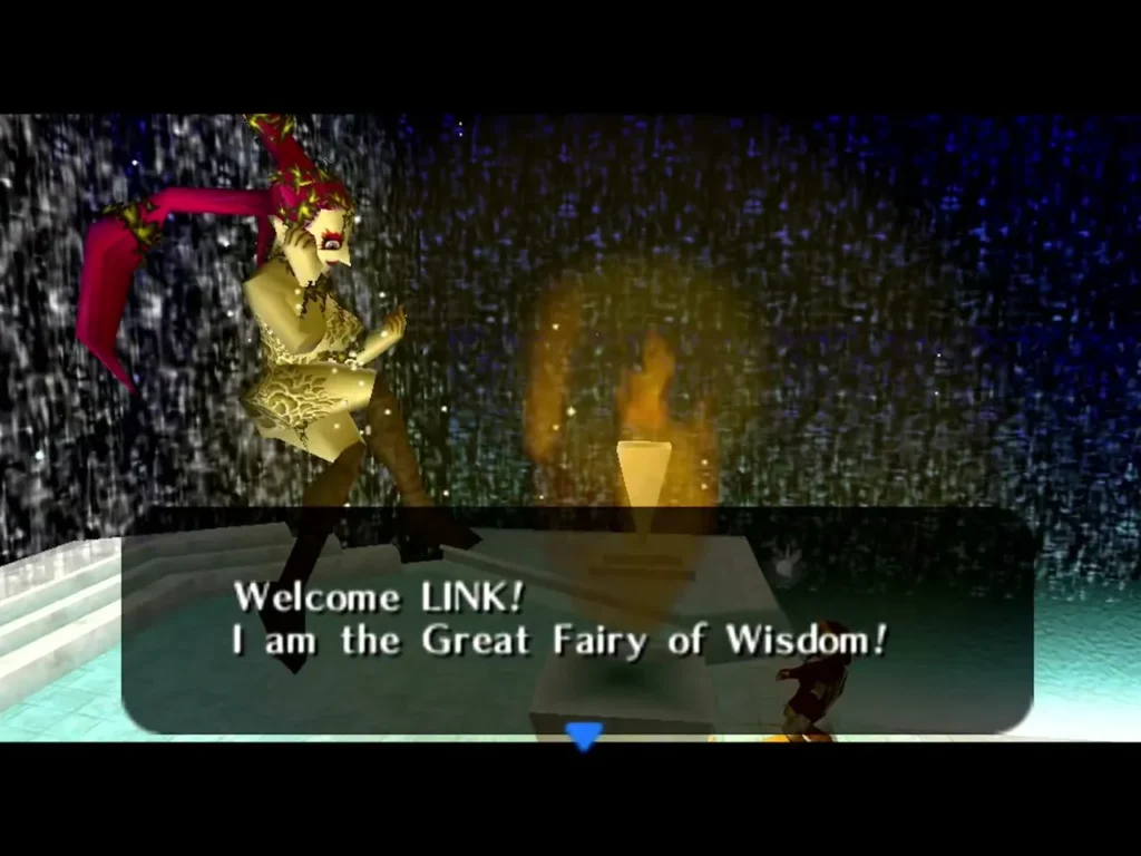The Great Fairy of Wisdom greeting Link in the Crater fountain room The Great Fairy of Wisdom greeting Link in the Crater fountain room
