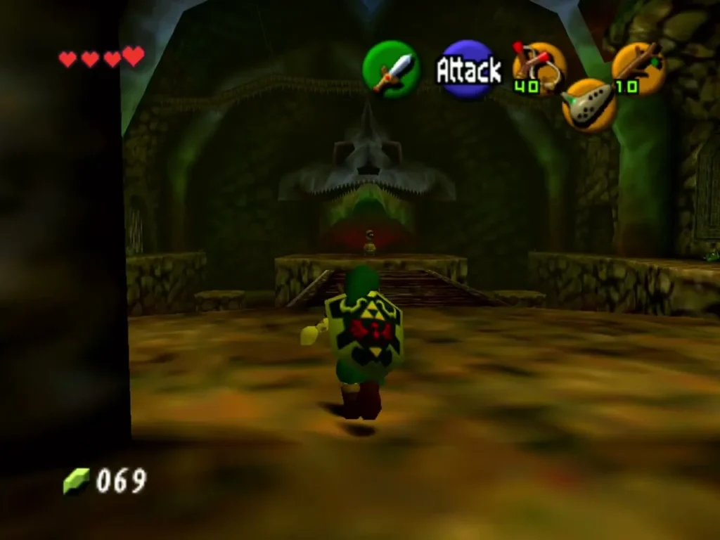 Link walking into the chamber of Dodongo's Cavern beneath the giant dinosaur skull Link walking into the chamber of Dodongo's Cavern beneath the giant dinosaur skull