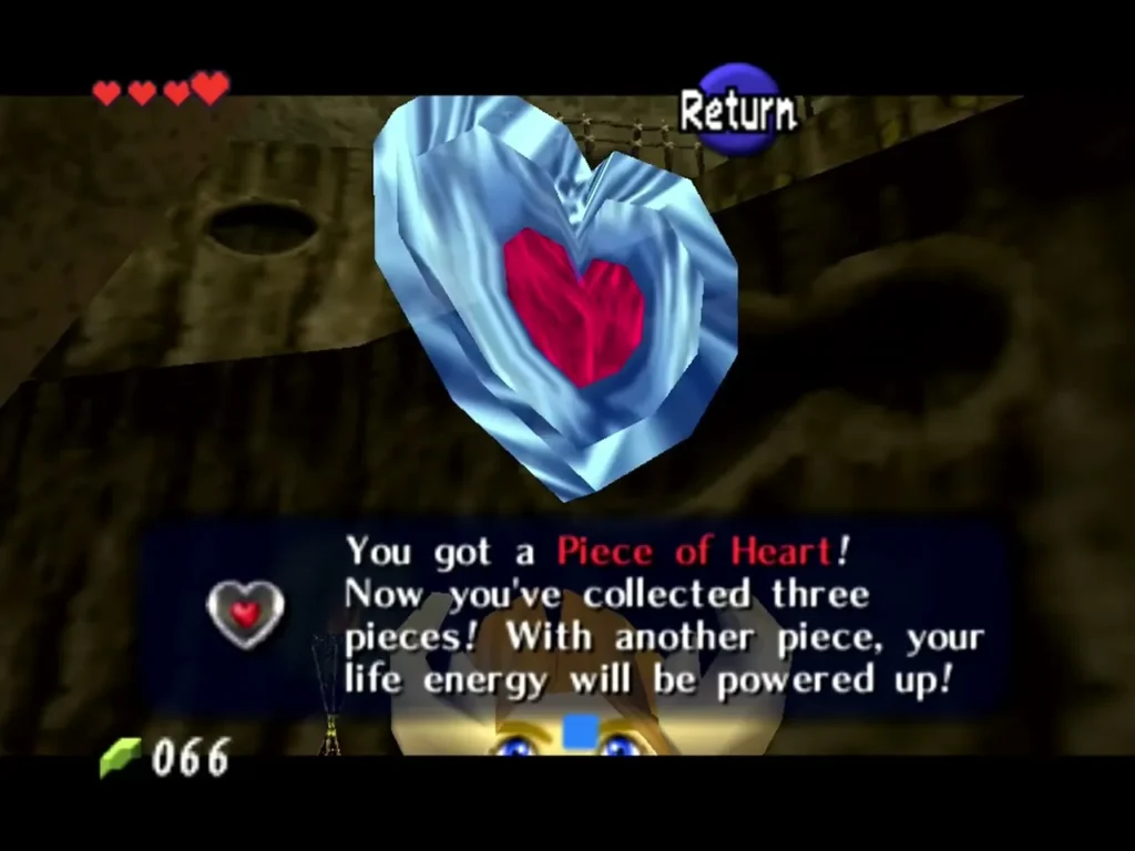 Piece of Heart reward box reading that three pieces are collected, with the heart crystal above Piece of Heart reward box reading that three pieces are collected, with the heart crystal above