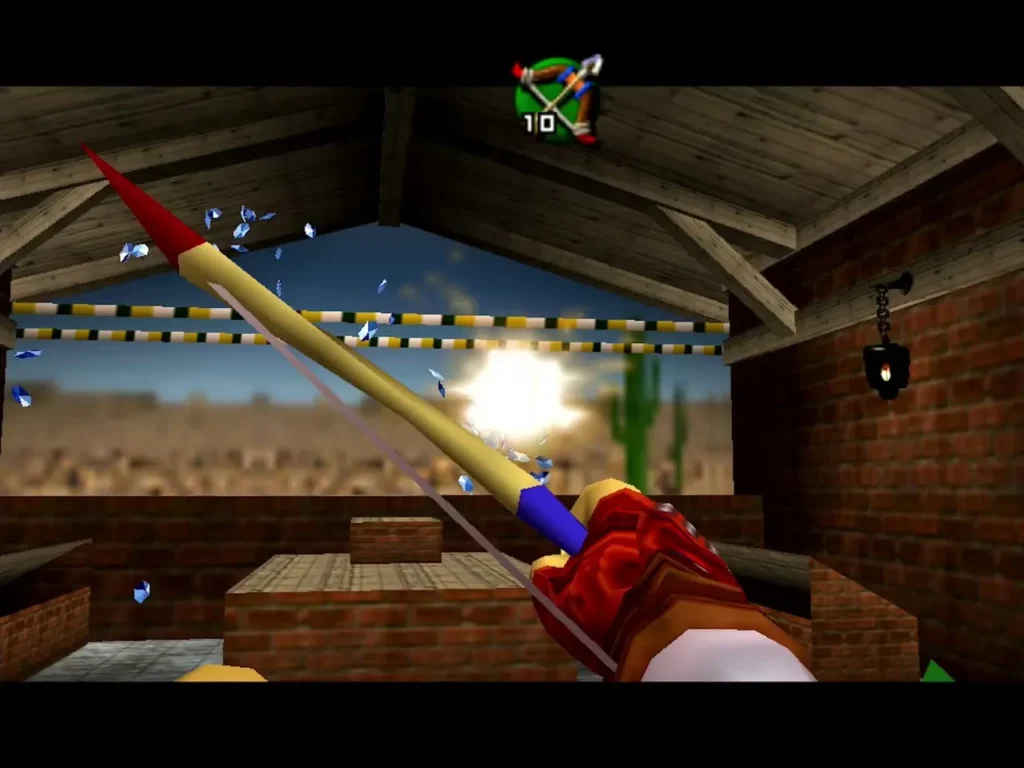 Link aiming a bow at a target in the Shooting Gallery Link aiming a bow at a target in the Shooting Gallery