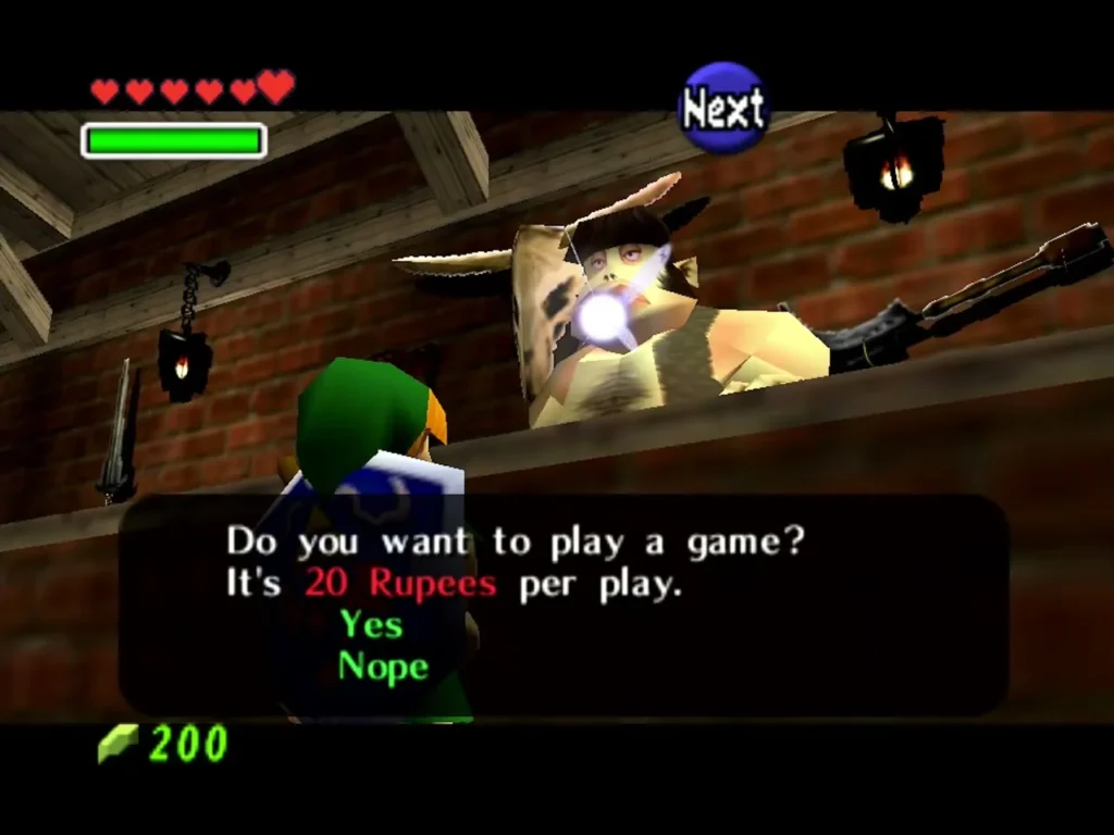Shooting Gallery owner asking Link to play for 20 Rupees per play Shooting Gallery owner asking Link to play for 20 Rupees per play
