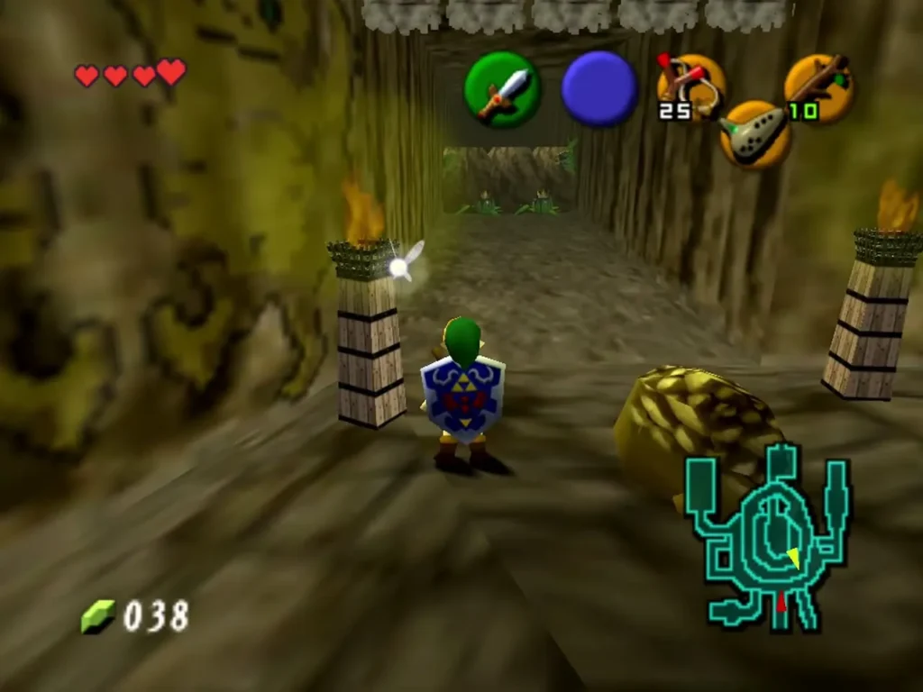 Child Link walking between two lit torches in the tunnel toward the Lost Woods Child Link walking between two lit torches in the tunnel toward the Lost Woods