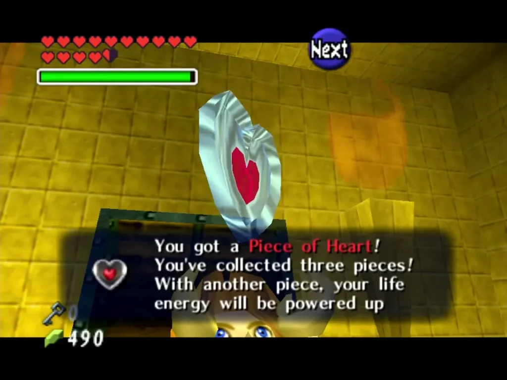Link holding up a Piece of Heart after clearing the final Treasure Chest Game room Link holding up a Piece of Heart after clearing the final Treasure Chest Game room