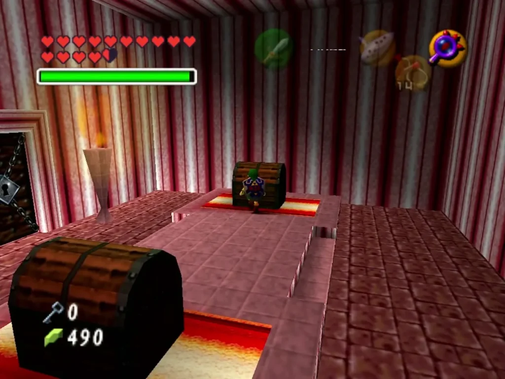 Link in a red-walled Treasure Chest Game room with two chests in view Link in a red-walled Treasure Chest Game room with two chests in view