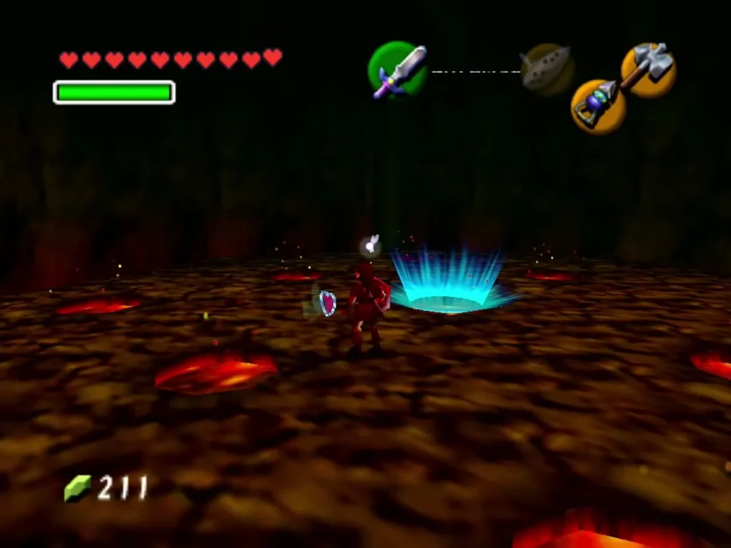 Link standing beside the blue light circle after Volvagia's defeat Link standing beside the blue light circle after Volvagia's defeat